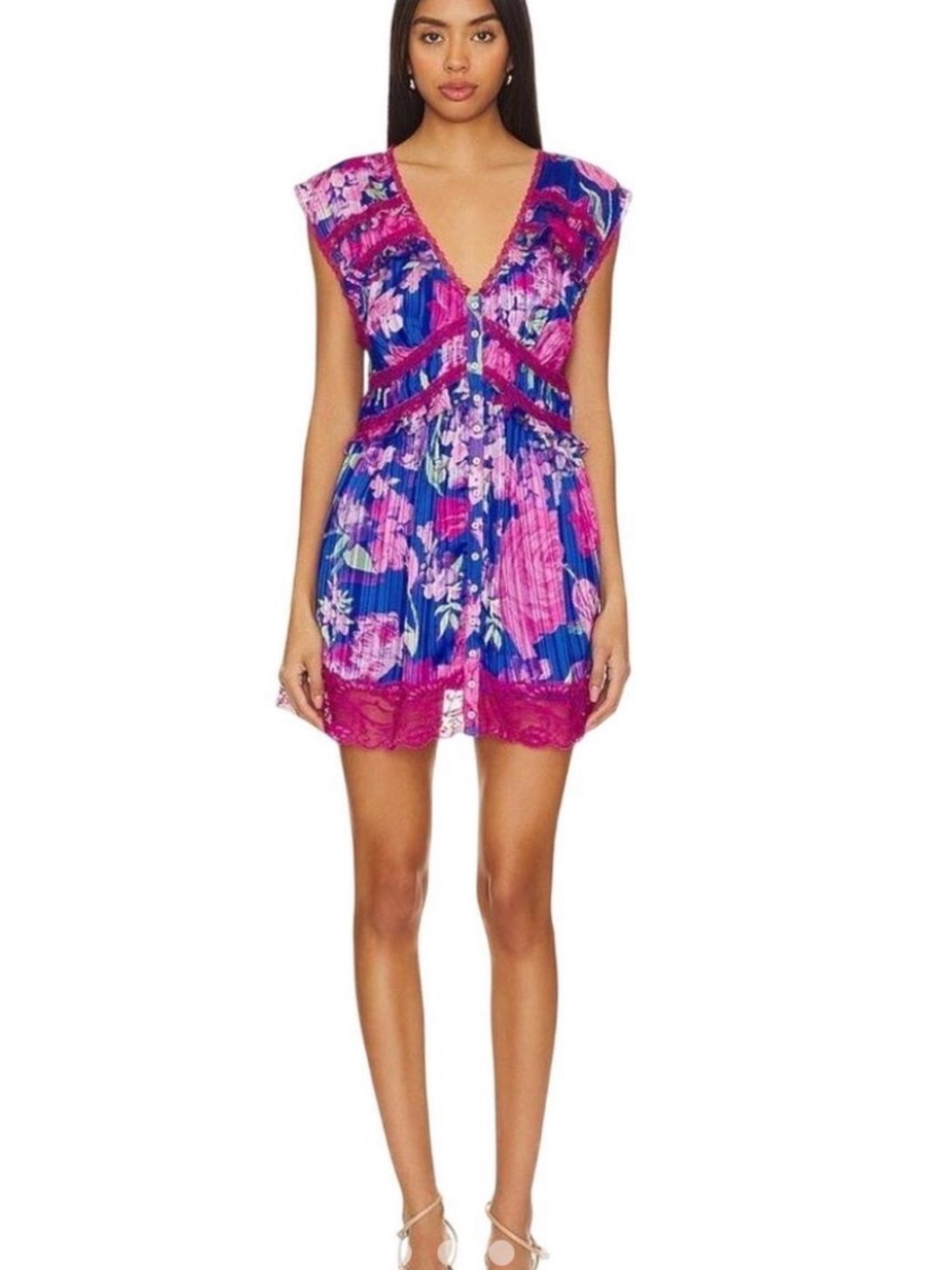 Free People Pink and Royal Blue Floral V-Neck Mini Dress